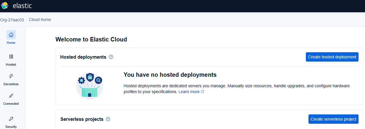 Dashboard de Elastic Cloud — Create Serverless Projects