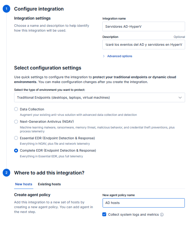 Crear integración con modo Complete EDR