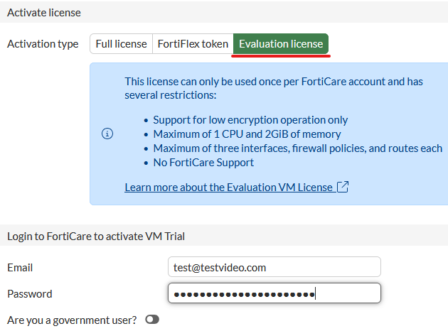 Pantalla de licencia en FortiGate